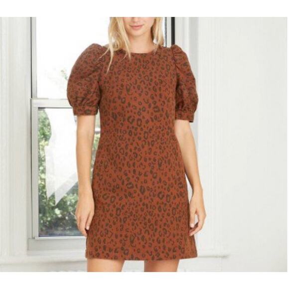 Target Universal Thread Brown Leopard Puff Short Sleeve Denim Dress Size 16W - Picture 1 of 8